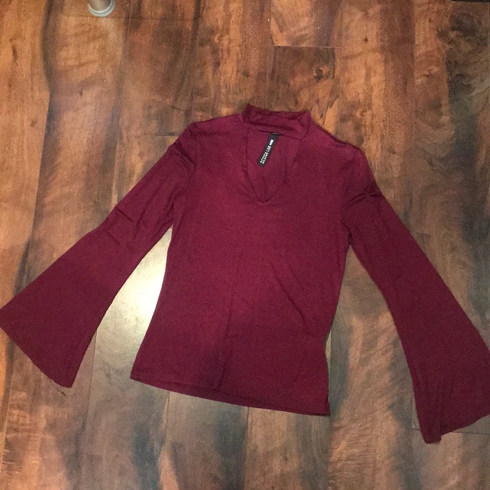 burgundy mock neck flare sleeve shirt